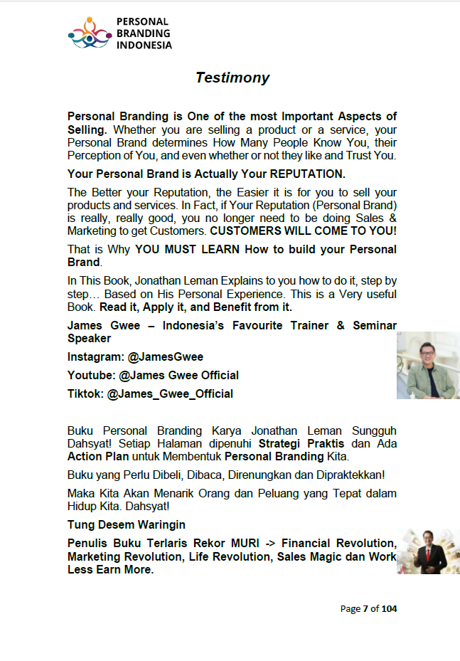 Testimony 1 E Book Personal Branding Indonesia